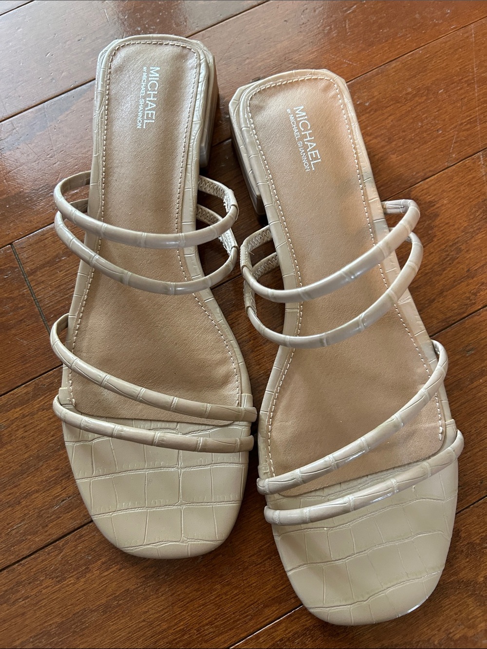 MICHAEL Michael Kors Beige Croc-Embossed Strappy Slide Sandals